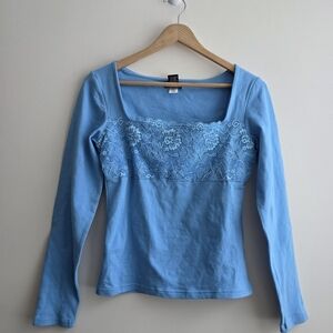 Moda International Blue Lace Baby Doll Blouse Medium Long Sleeve Square Neck Y2K
